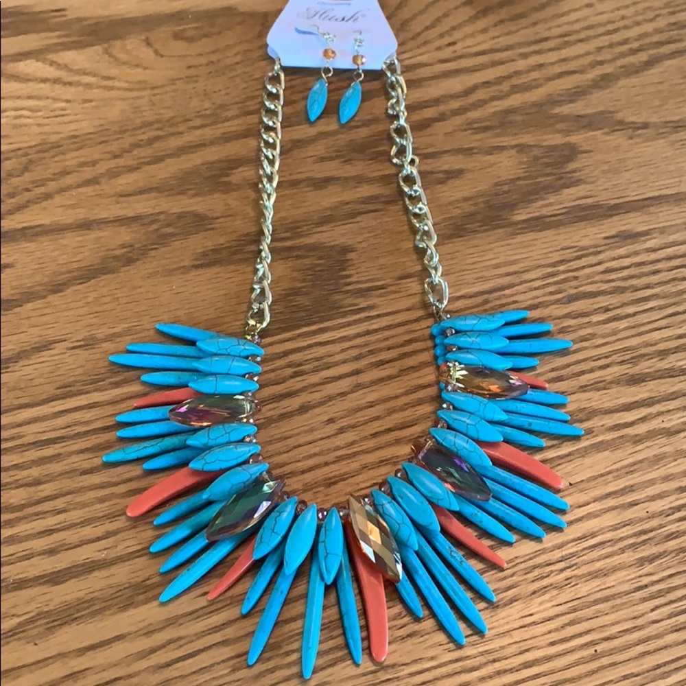 Hush blue and orange necklace and matching earring